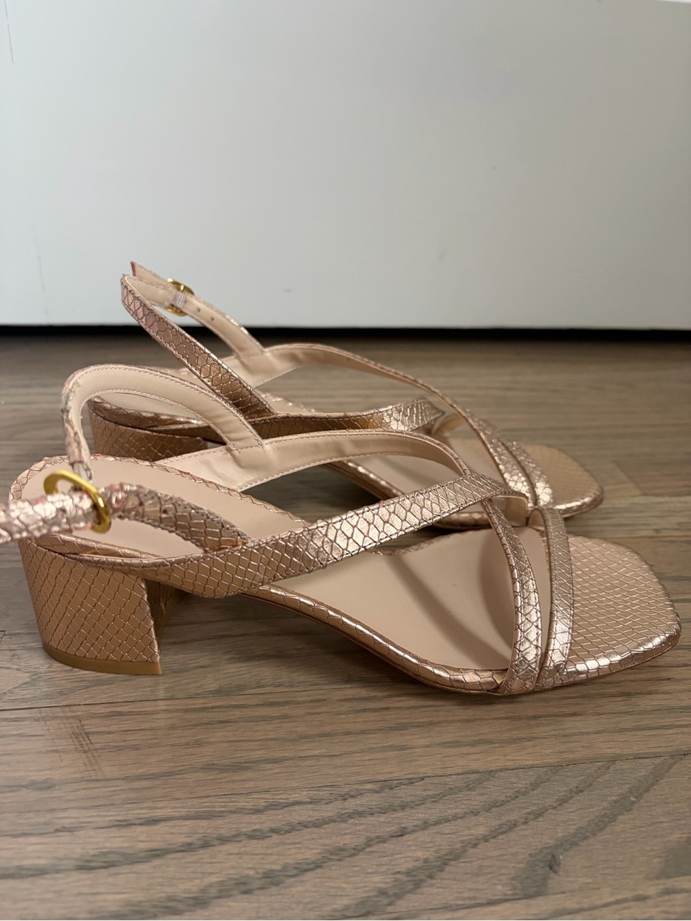 Stuart Weitzman Rose Gold Strappy Slingback Block Heels